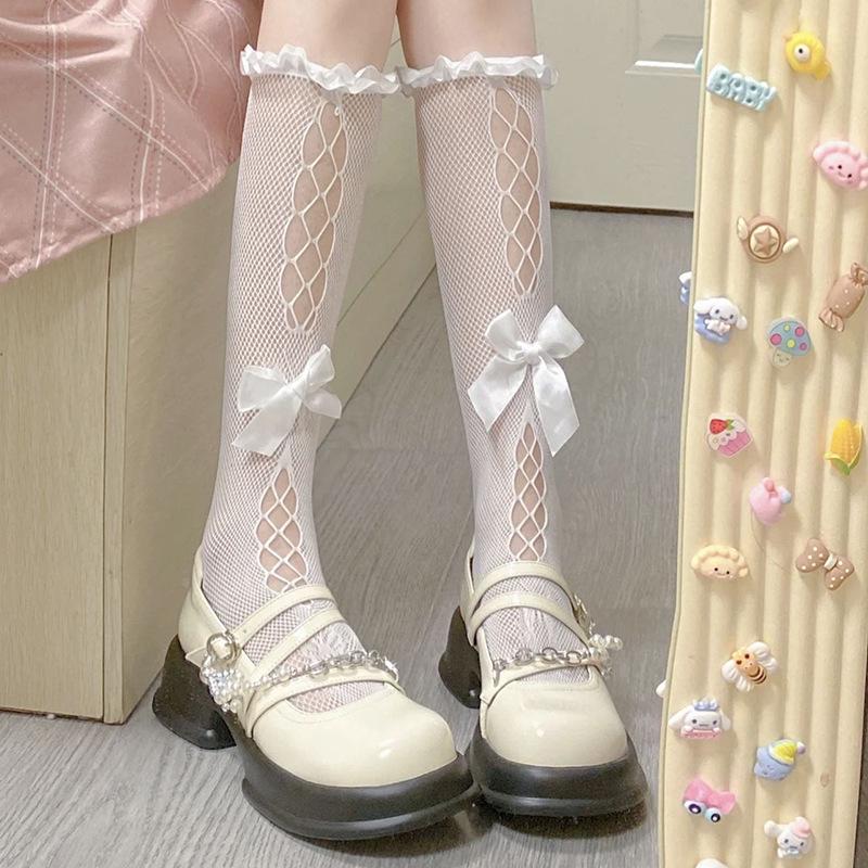 

Lace-Trim Hollow-Out Mid-Calf Socks: Women s Spring/Summer Fishnet with Bow, Stylish Japanese JK Influencer Collection One Size