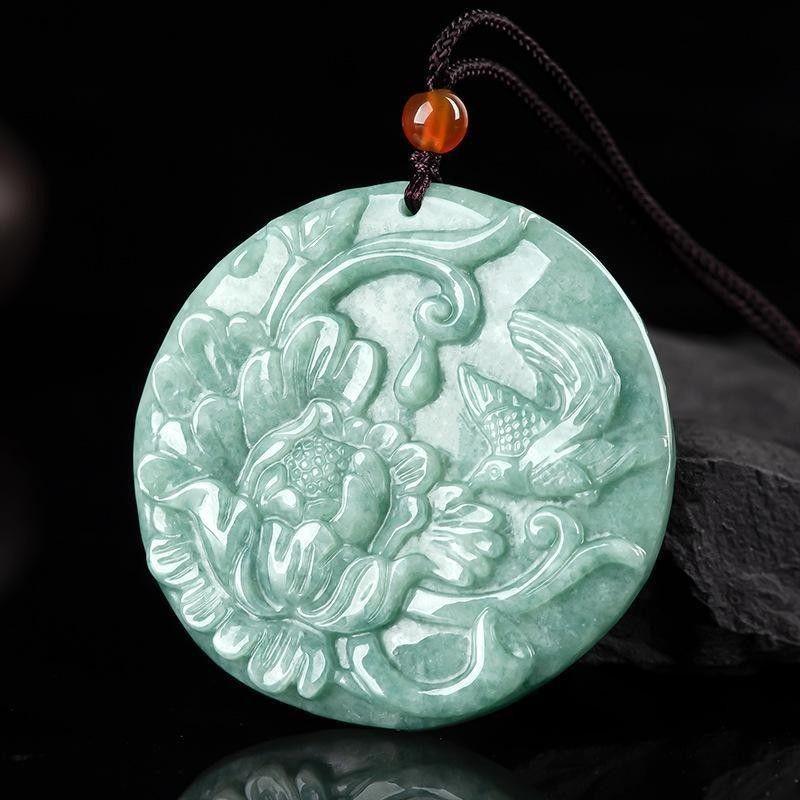 

Grade A Natural Myanmar Ice Jade Pendant: Golden Magpie Design Unisex Flower Pattern 50*6mm [Clearance]