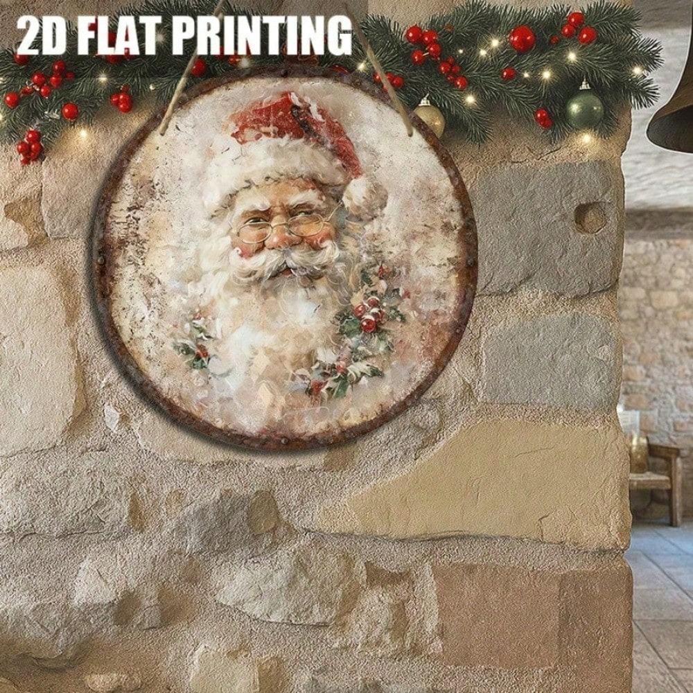 1PC Rustic Christmas Wooden Sign Santa Claus Face Plaque With Glasses Berries, Farmhouse Front Door Porch Wall Decor 20cm