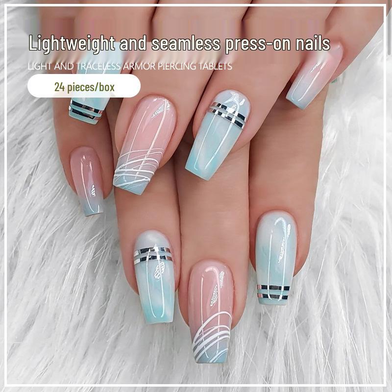 

Gradient Stripe Silver Edge Wearable False Nails - 24 Medium-Long Pieces UV Gel Glue