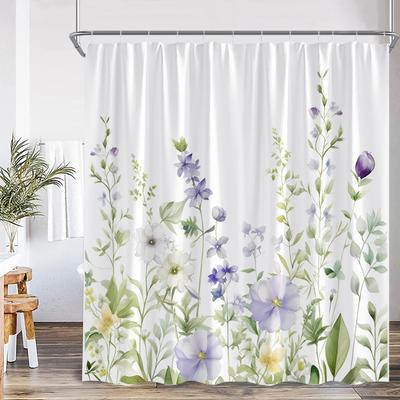 Watercolor Floral Shower Curtain Colorful Flower Green Blue Teal Plant Botanical Bathroom Decor Polyester Bath Curtain with Hook