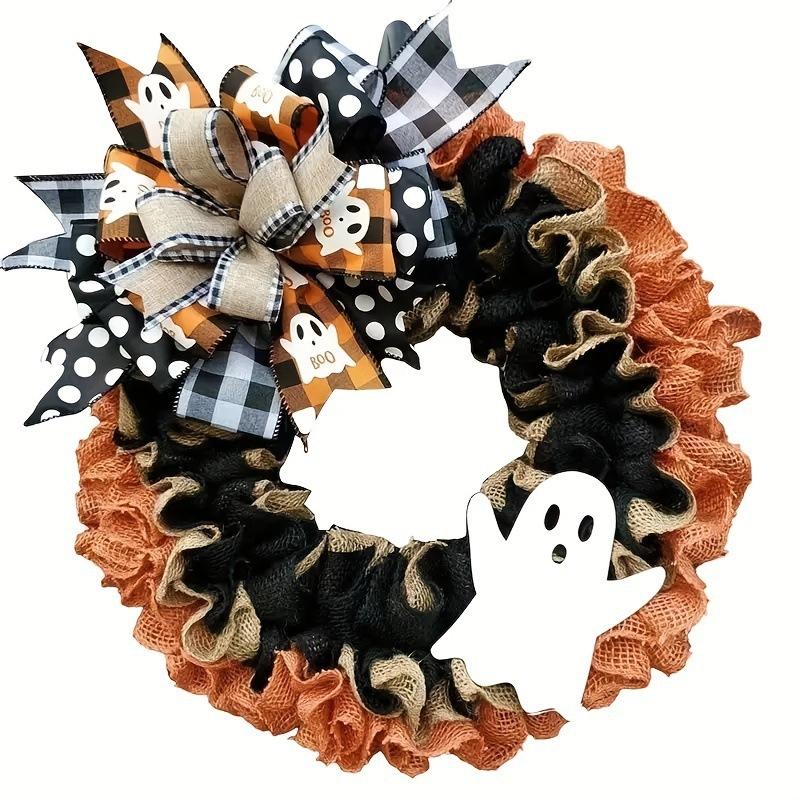 Halloween Ghost Burlap Wreath Front Door Hanging Decor with Bow Spooky Party Garland