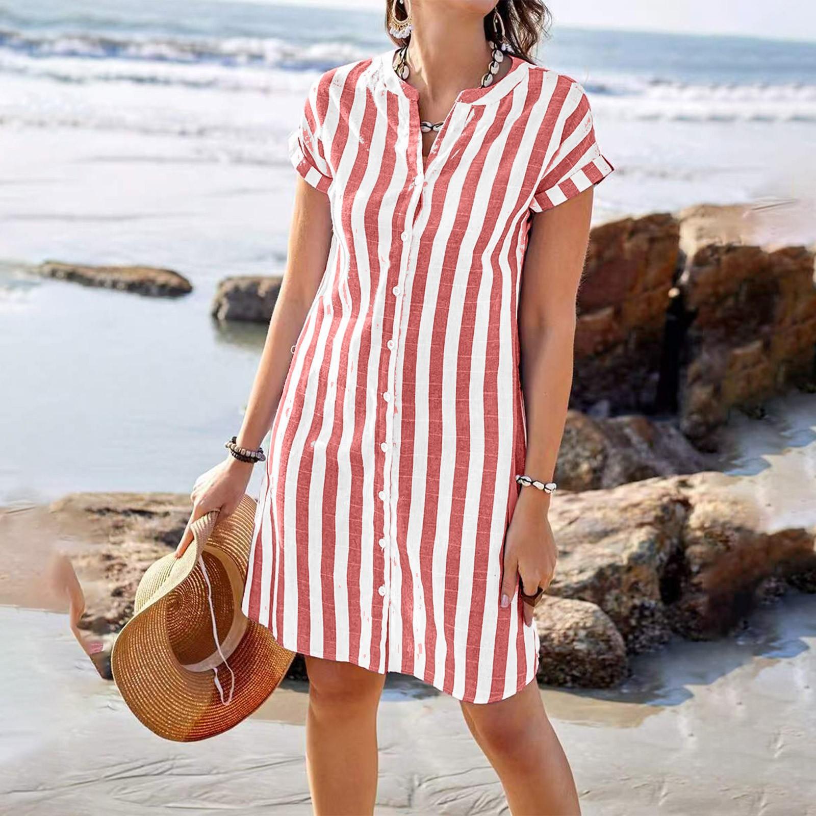 

Женское повседневное хлопково-льняное полосатое платье-рубашка с коротким рукавом и принтом XXL розовый