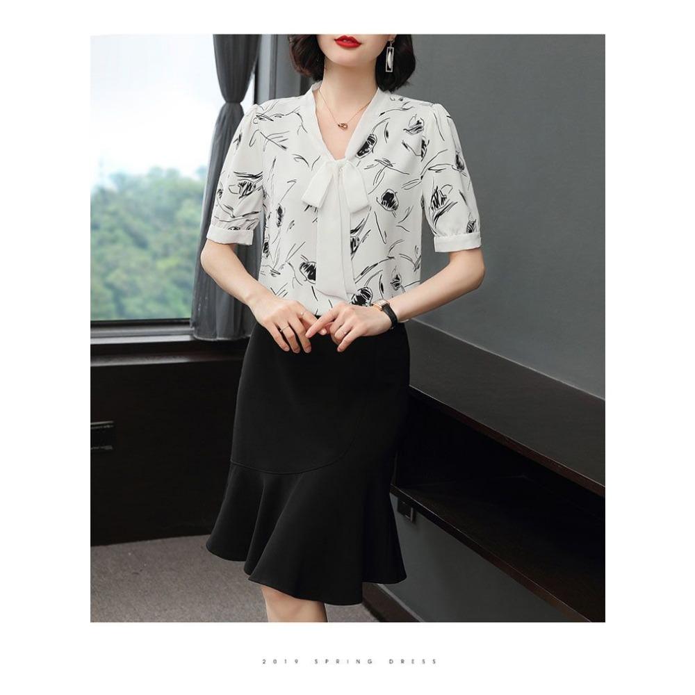 

Шифоновая блузка с цветочным принтом для женщин, короткий рукав, новая модная и стильная, для матери среднего возраста, с бантом-лентой L белый