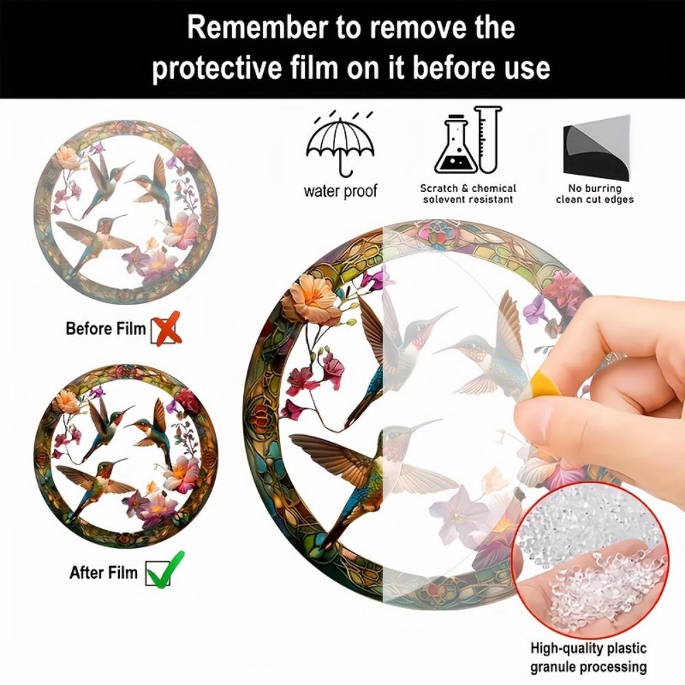 20CM 2D Flat Hummingbird Flower Color Art Translucent Round Window Hanging Decorative Acrylic Decorative Sun Catcher Parasol for   Garden Gift