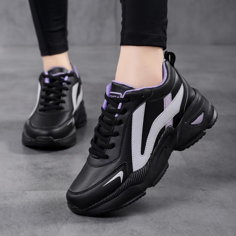 Women's Black Non-Slip Height-Increasing Sports Shoes - Fashionable, Comfortable, Versatile, Thick Sole for Spring/Autumn