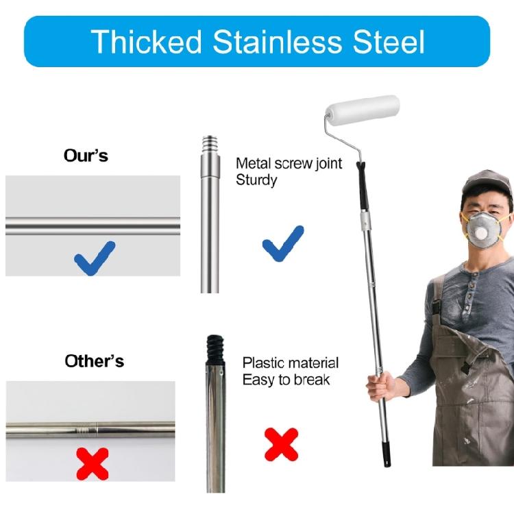 Telescopic Stainless Steel Paint Roller Set Wall Painting Tool with 3 Brush Heads for Furniture Wall Projects Enduring