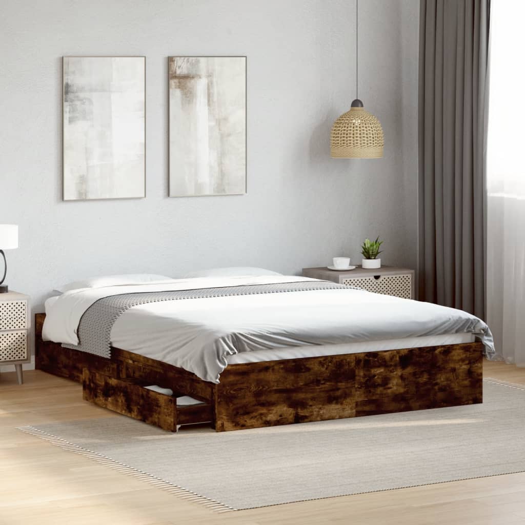 Bed Frame with Drawers Smoked Oak Finish 135 X 190 Cm Engineered Wood