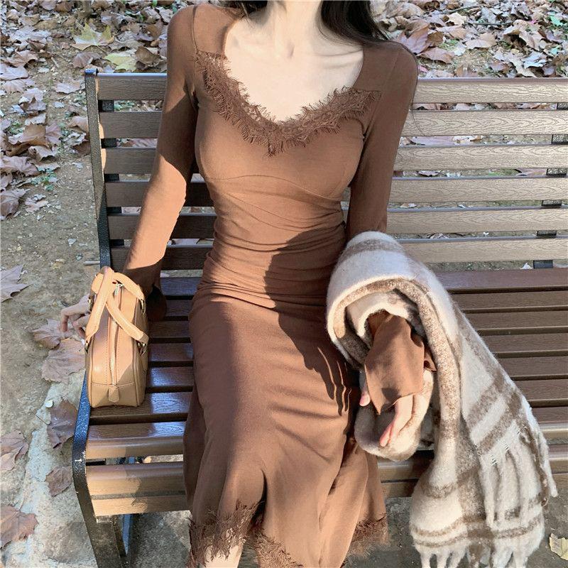 Pure Desire Lace Patchwork Long Sleeve Dress: 2026 Spring/Autumn Trendy Slim Fit Skirt Style