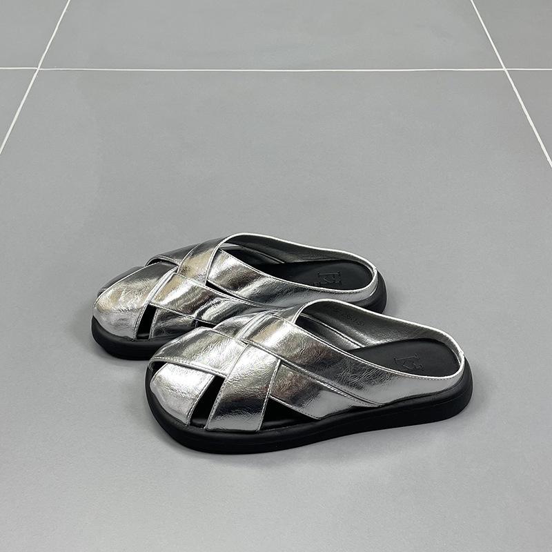 

Баотоу тапочки женские новые на толстой подошве ретро универсальные плетеные темпераментные универсальные ленивые повседневные крутые тапочки 40 серебряный