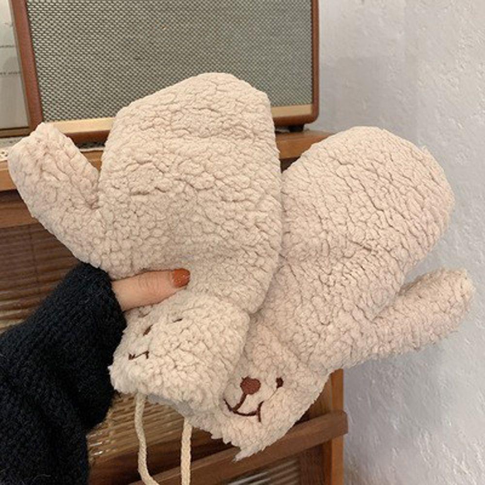 Cute Thicken Plush Windproof Full Fingers Bear Korean Mittens Hanging Gloves Women Winter Gloves
