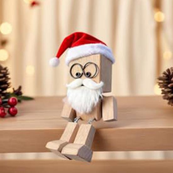 Christmas Shaking Wooden Man Figurine with Santa Hat And Beard Handmade Shaking Feet Wooden Doll with Magnetic Expressions for Car
