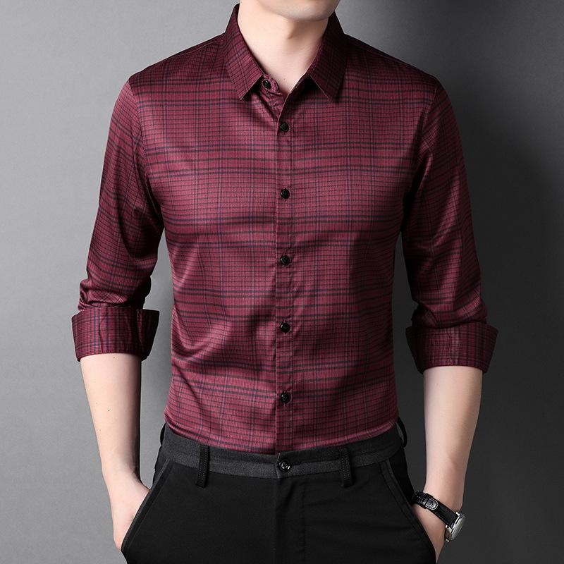 Allover Print Men Business Shirt Plaid Pattern T-Shirts Office Casual Gentleman Long Sleeve Shirts