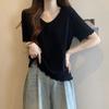 Women's V Neck Drawstring Ruched Short Sleeve Top, Waffle Knit Ruffle Edge Casual Summer Tee