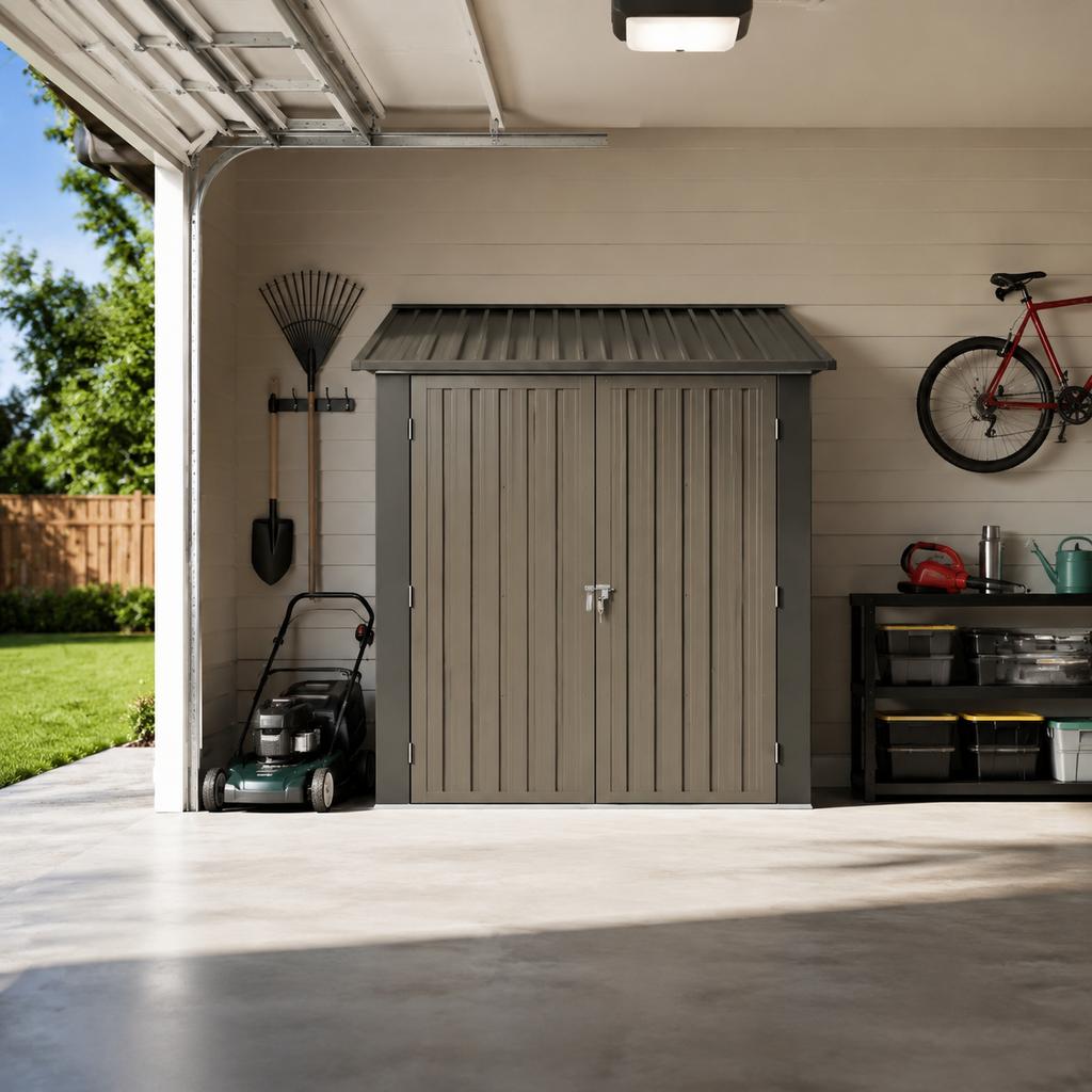 Galvanized Steel Garden House 254.2x170.2cm (4.33 m²), Brown, with Two Openable Double Windows, Lockable Double Doors and Decorative Flower Rack