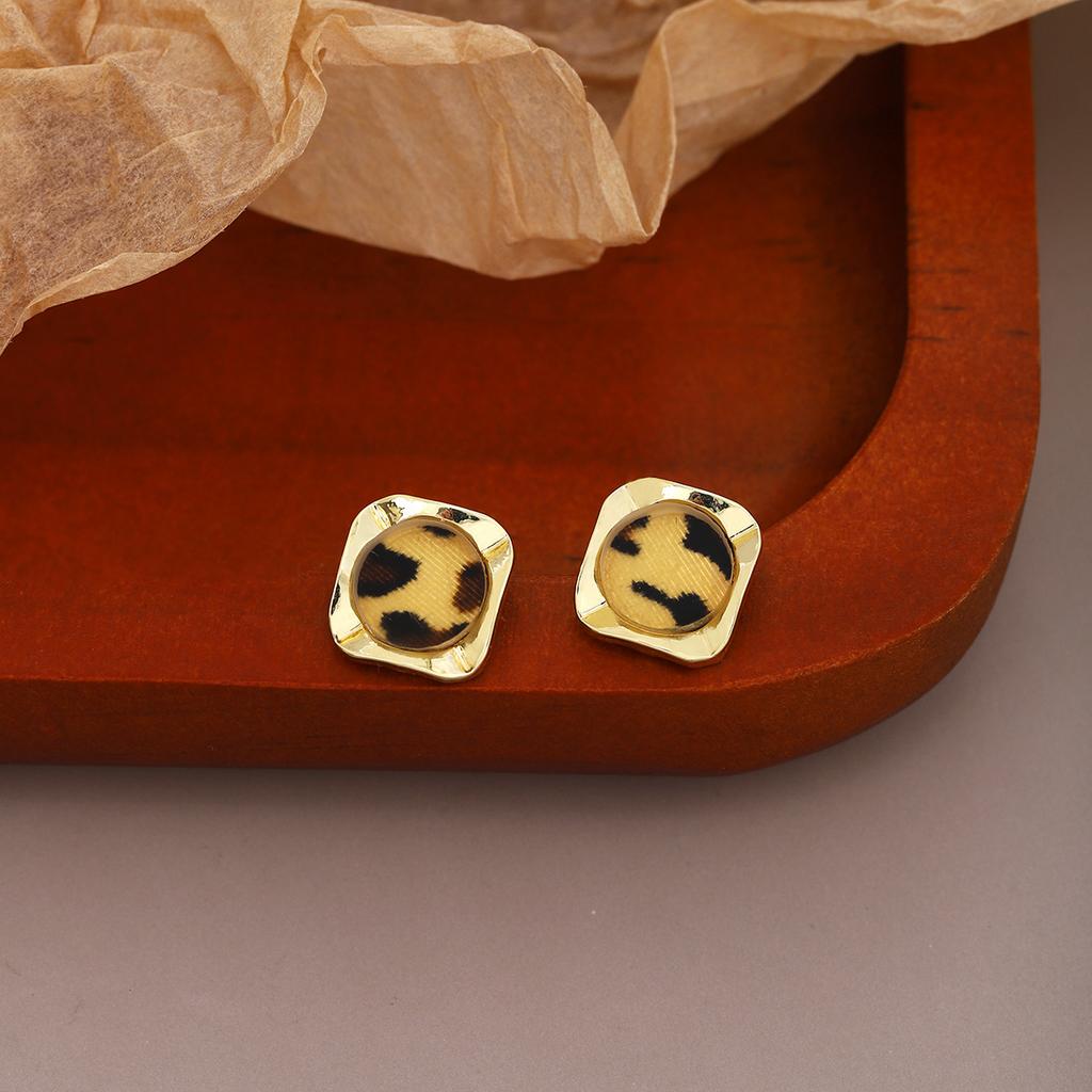 Retro Leopard Print Square Small Stud Earrings, Hong Kong Style Maillard Light Luxury Fashion Temperament Earrings