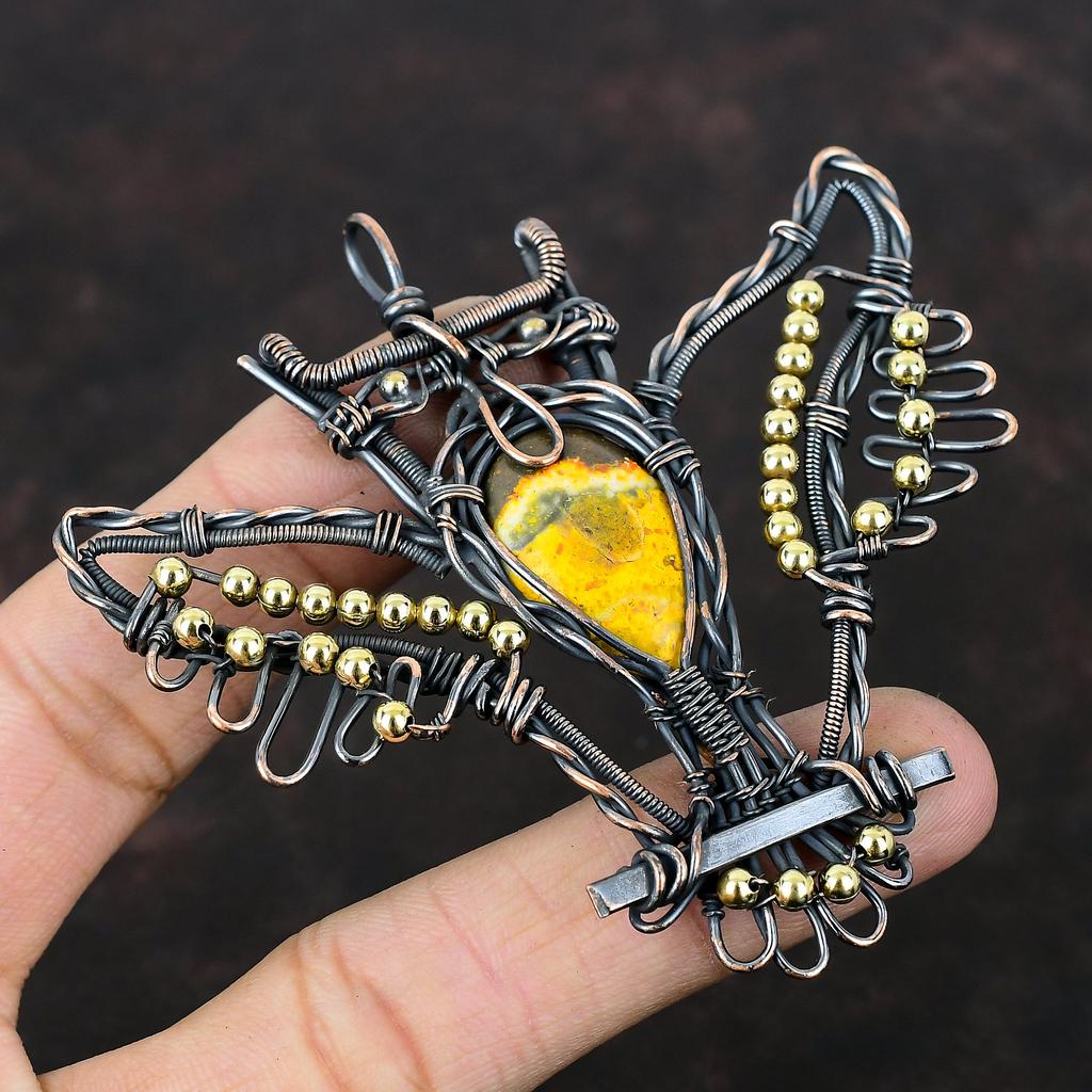 Bumble Bee Jaspis Anhänger Kupferdraht gewickelter Anhänger Handgefertigter Schmuck Eulenanhänger Natursteinanhänger Kupferdrahtschmuck Geschenk für Sie