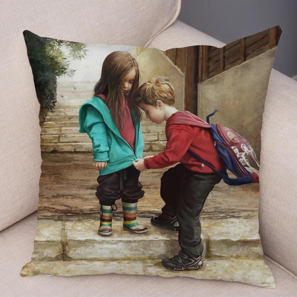 Cute Cartoon Children Cushion Cover Decor Harajuku Oil Painting Lady Pillowcase for Sofa Home Soft Plush Throw Pillow Case