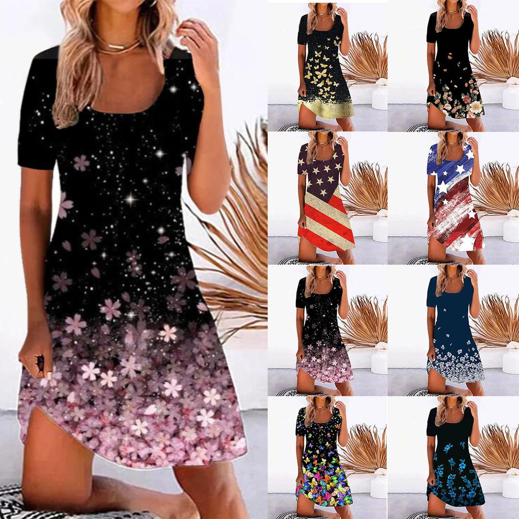 Ladies Sexy Fashion Positioning Print Square Neck Patchwork Short Sleeve Dress