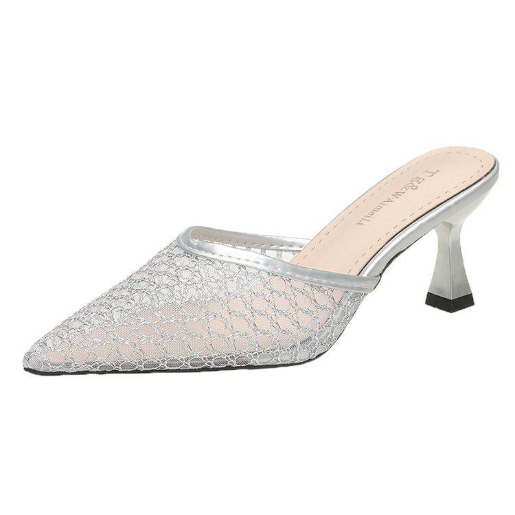 Fashion Women Slippers Summer Pointed Toe Breathable Thin Heels Sandals 2025 Fashion Mesh Closed Toe Outdoor Dress Slippers Plus Size 41