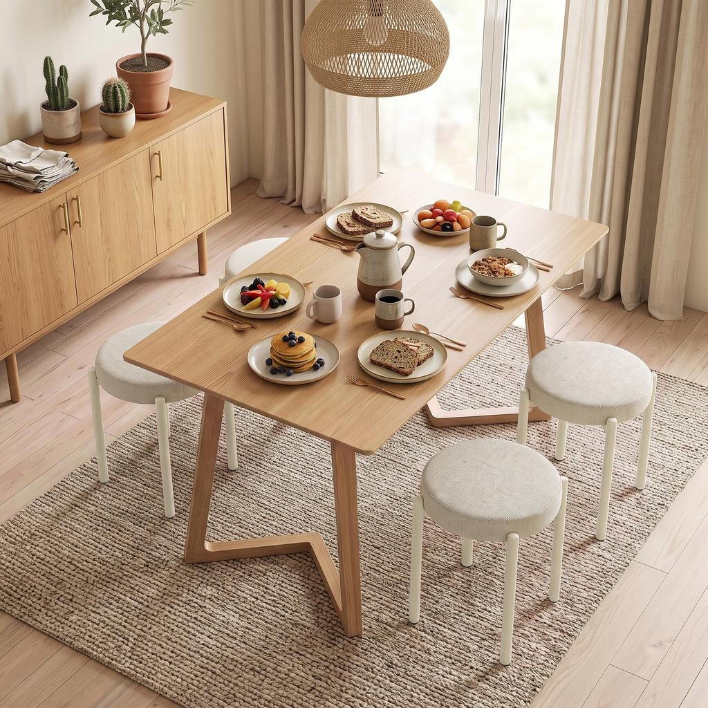 Stackable Stools, Set of 4, Round, Padded Seat, No Backrest, 45 x 45 x 47.5 cm, Cream