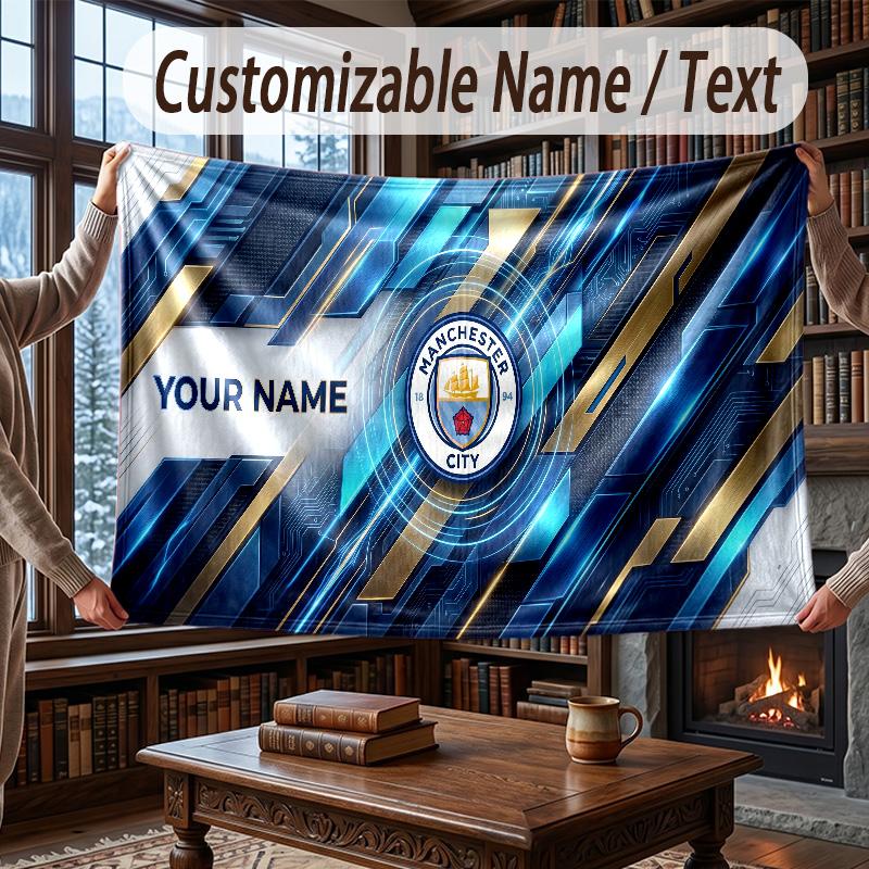 Custom Name Flannel Throw Blanket Manchester City Pattern Warm Home Decoration