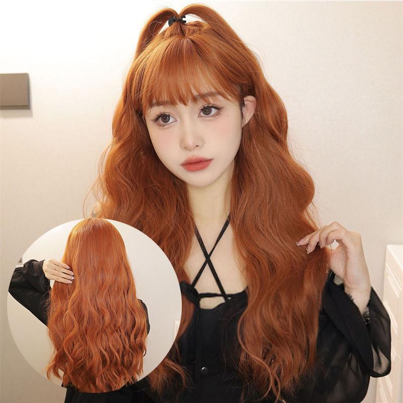 Long Hair Natural Wig Head Cover Women Wig Water Ripple Orange Straight Bangs