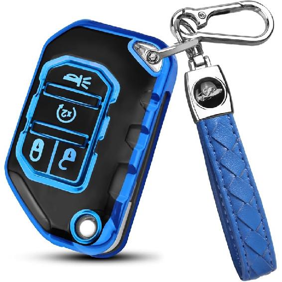 QBUC For Jeep Key Fob Cover With Keychain Compatible With Jeep Wrangler JLU JL Gladiator Rubicon JT Car Flip Key (Pink)