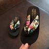 Korean version of summer's new bohemian satin wedge heel non-slip wedge heel pinch flip-flops beach women's cool slippers