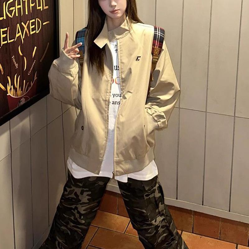 Retro Stand Collar Jacket for Women In Spring and Autumn New Loose Versatile Couple Style Khaki Work Jacket