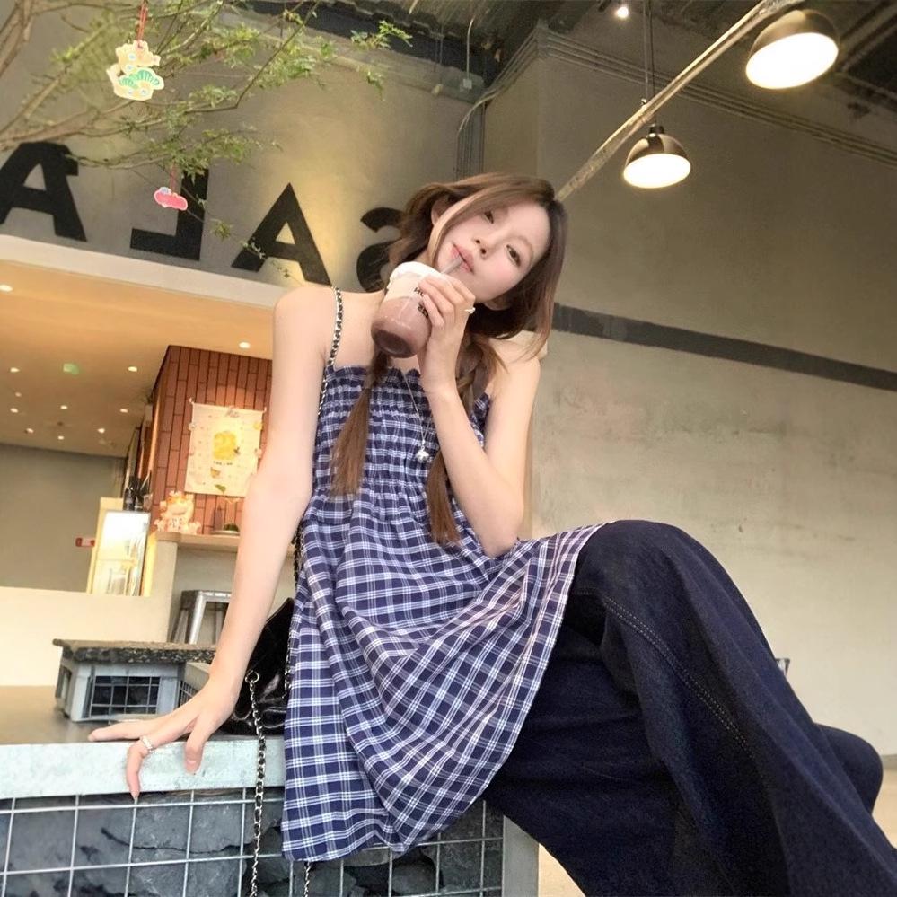 Korean Retro Checkered Bandeau Tank Dress A-Line Midi Skirt for Summer