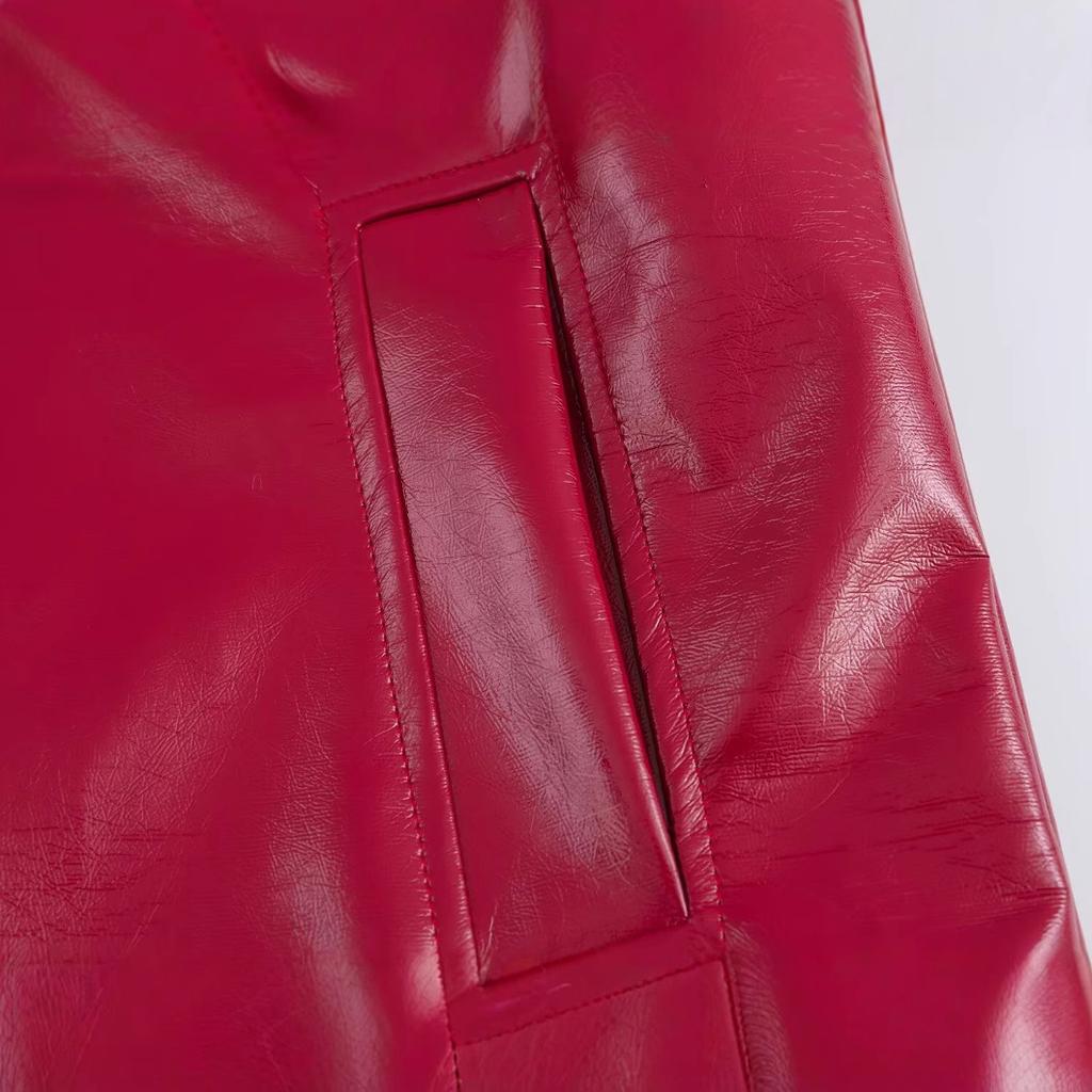 2025 Spring New Women's Fashion Red Bright Leather Long Sleeve Collar Jacket