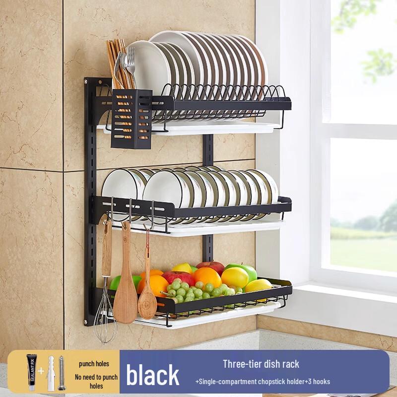 

Black 3-Tier Stainless Steel Dish Drying Rack with Chopstick Holder and Hooks