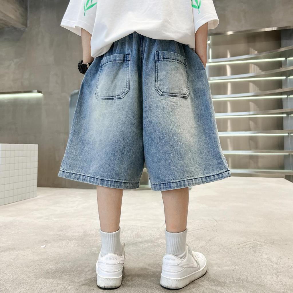 Tween Boy Casual Denim Shorts for Summer Kids Vintage Capris Denim Pants Teens Child Loose Style Knee Length Jeans 5-14Y