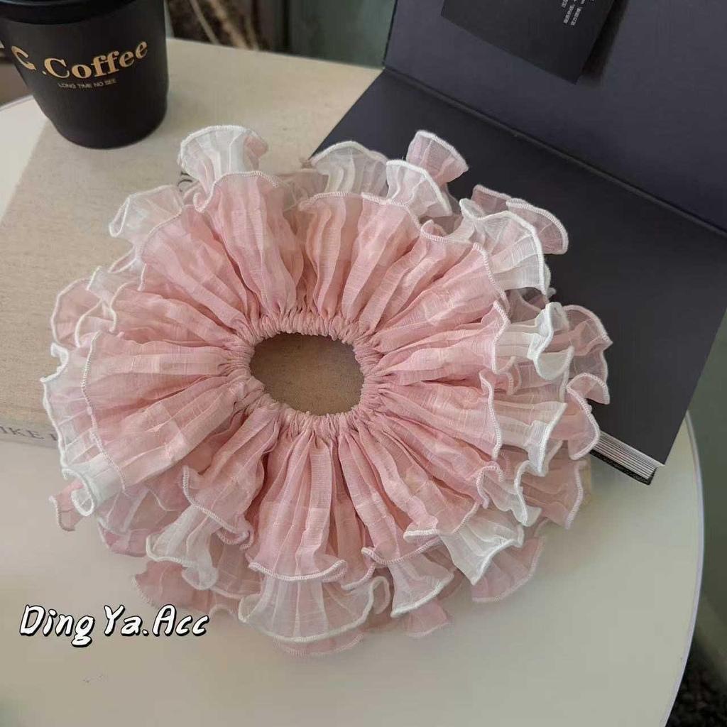 Elegant Korean Blue Striped Lace Trim Scrunchie