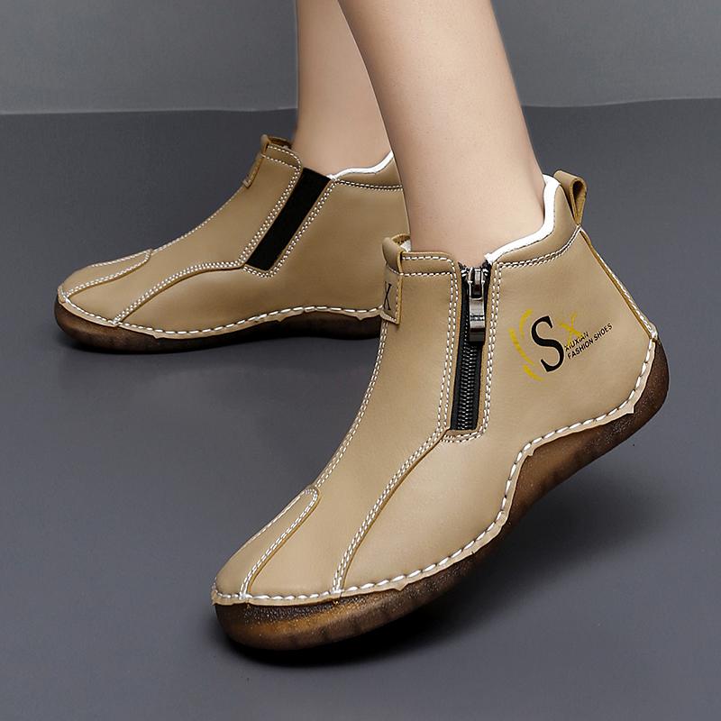 New Women Ankle Boots Fashion Zipper Women's Boots Handmade Leather Women Casual Shoes Outdoor Comfortable Flats Walking Shoes