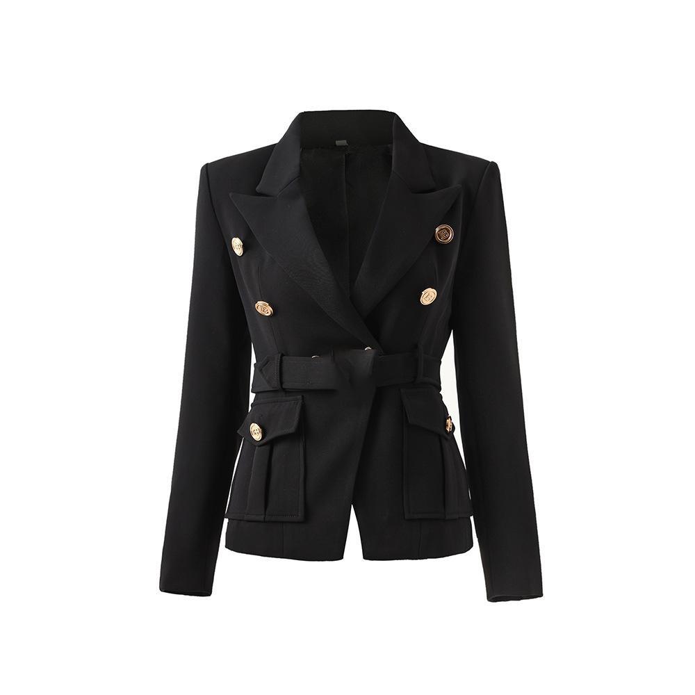 Blazer da Ufficio Stile Classico Bianco Nero da Donna con Tasche e Cintura