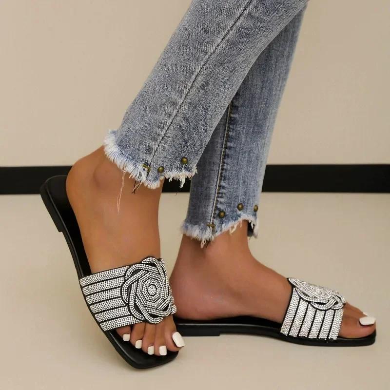 Fashion Lady Slippers Summer New Fashion Open Toed  Roman Shoes for Women Rhinestones Sexy Flat Flip Flops Slides Zapatos Mujer