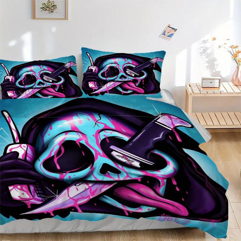 3pcs Anime Skull Bedding Set - Includes One Quilt Cover and Two Pillowcases (No Core) - Perfect for Bedroom and Guest Room Decor, Festive Gi