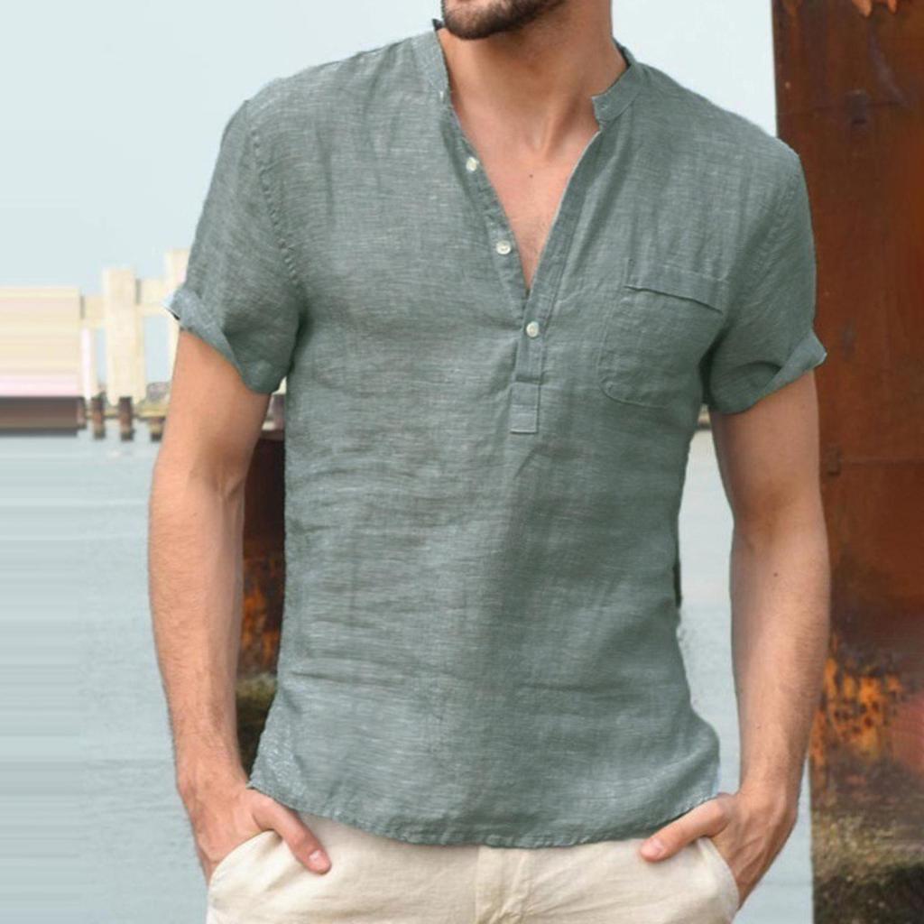 Men's Cotton Linen Short Sleeve Stand Collar Shirt