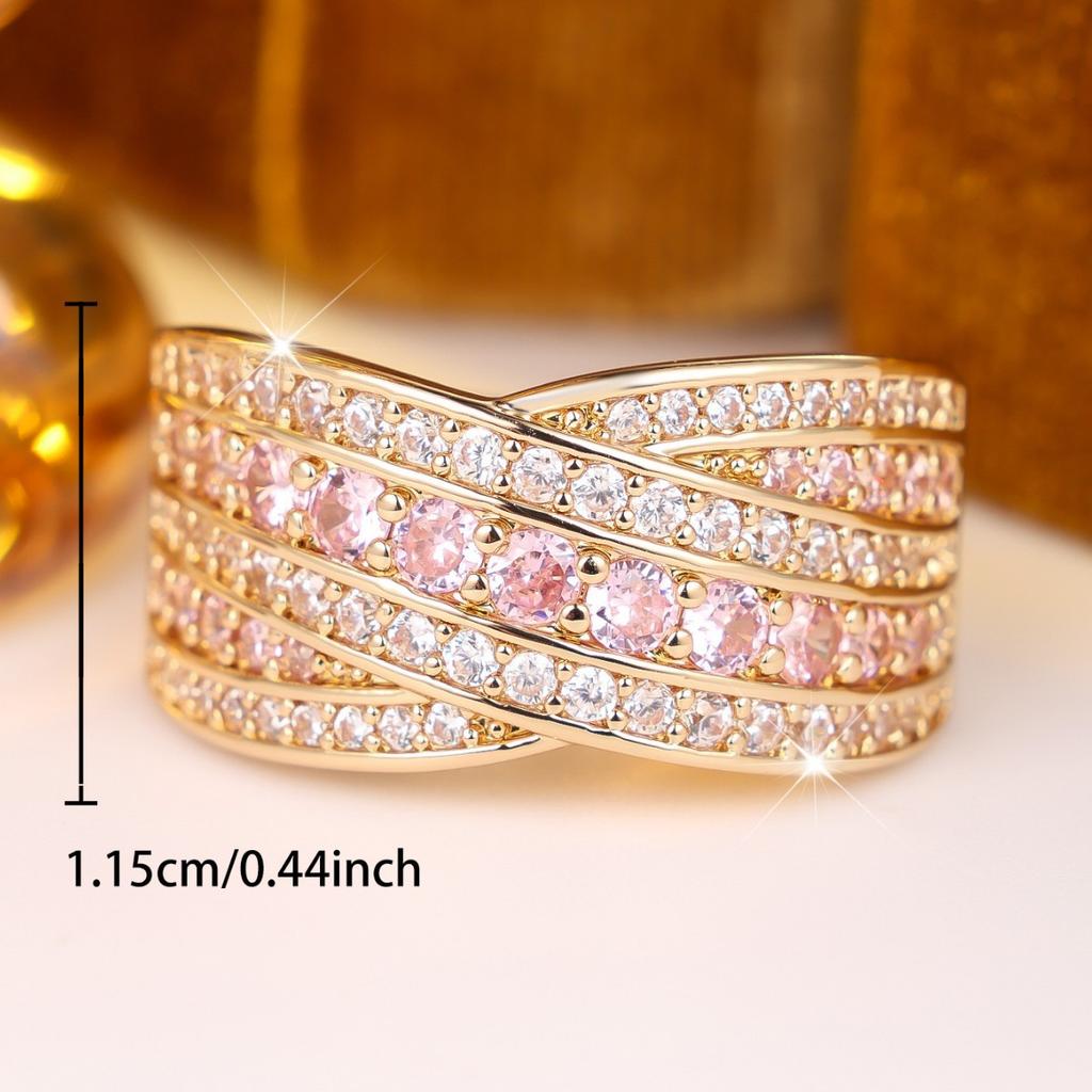 European and American Style Layered Pink Diamond Ring Multi-track Interlocking Design with Densely Set Cubic Zirconia, a Luxurious and Versatile