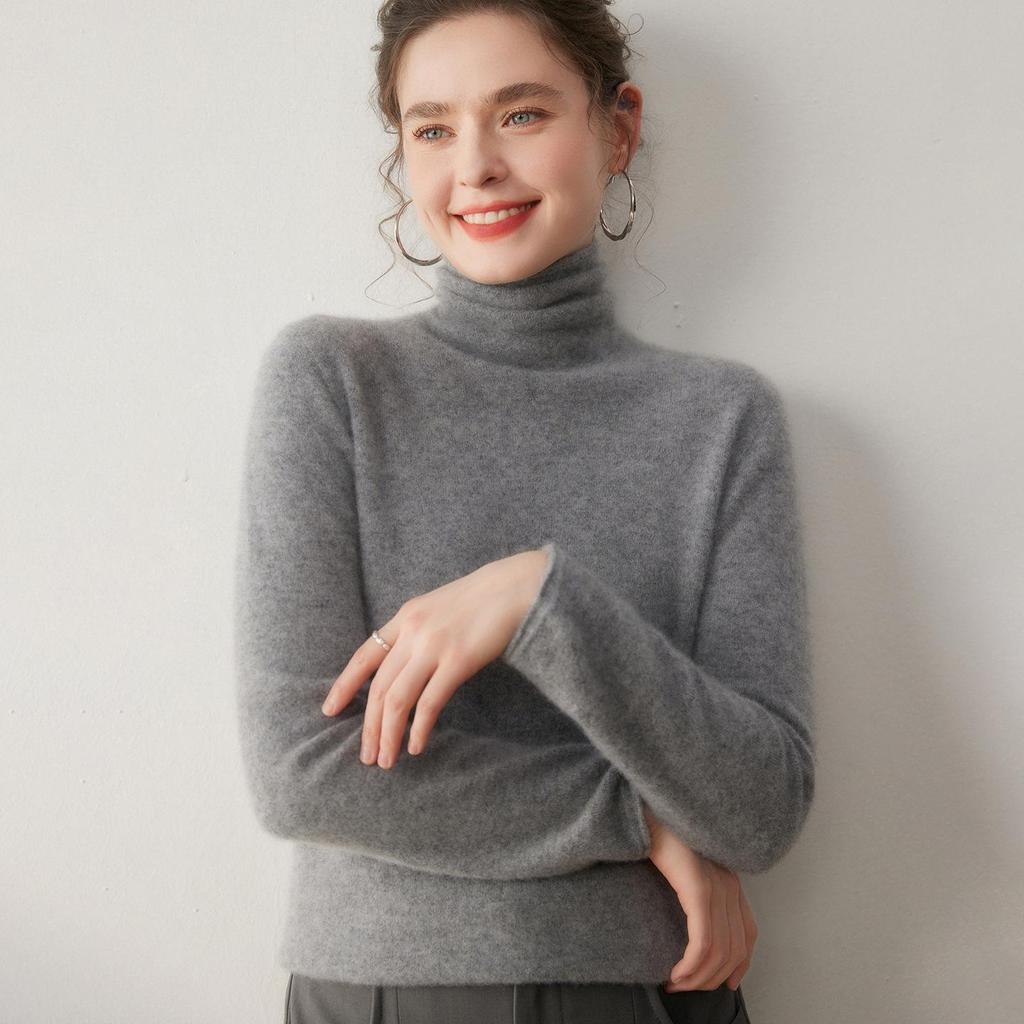 Women's High-Neck Cashmere Sweater - Solid Color, Slouchy, Winter Base Layer