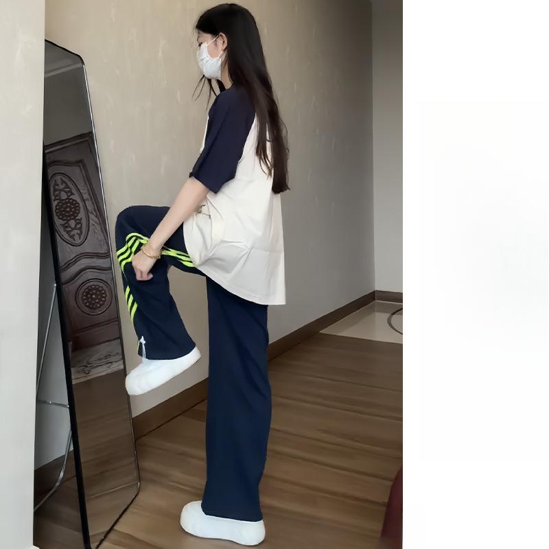 Spring and Summer Three-bar Sweatpants Women's New High-waisted and Thin Wide-leg Straight Casual Fashion Sweatpants