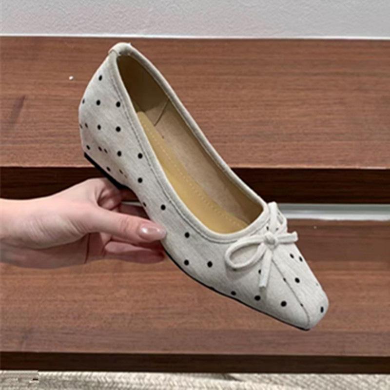 Autumn New French Polka Dot Bow Ballet Soft Sole Versatile Square Head Light Mouth Wedge Heel Lazy Single Shoes