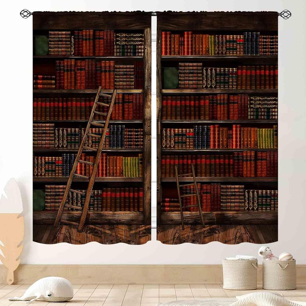 Witchy Curtains Fantasy Magical Bookshelf Mysterious Bookcase Skull Spooky Gothe Window Drapery Treatments Vintage Blackout Made Of Polyester