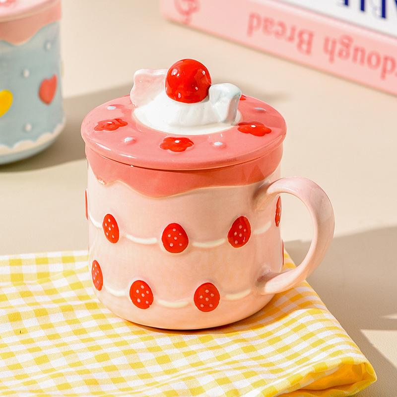 Cream Cake Mug Ceramic Water Cup with Lid Cup Cute Cartoon Girl Good-looking Bestie Birthday Gift