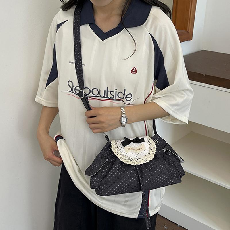 Yogodlns Lace Polka Dot Shoulder Bag Cute Drawstring Flap Crossbody Handbag Sweet Vintage Messenger Purse Daily Casual