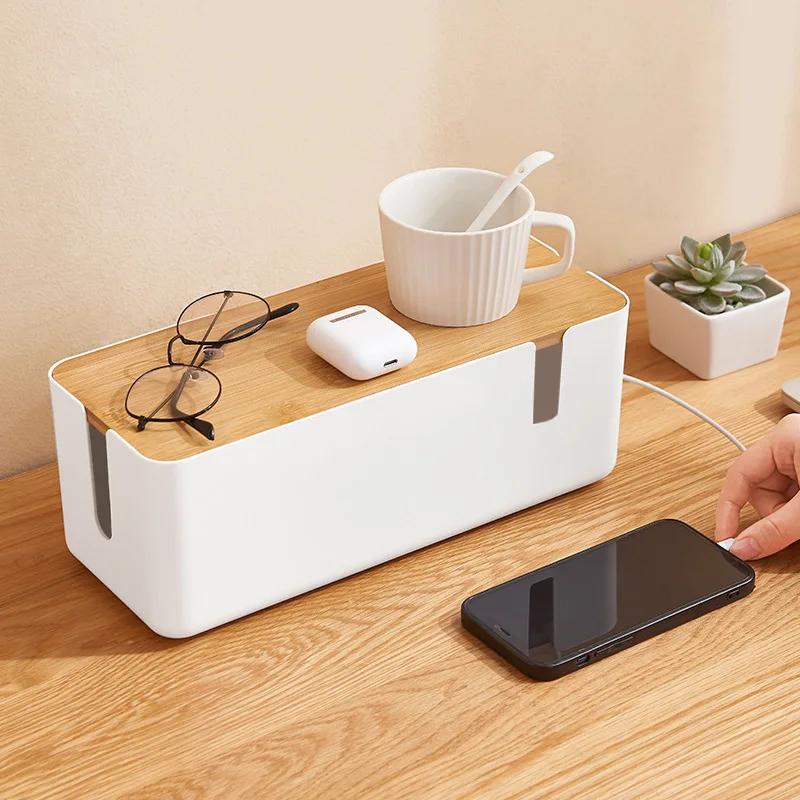 Cable Management Box Bamboo Cover Wire Junction Board Storage Box Hide Wires Power Strips Desk Computer Cable Organizer Box