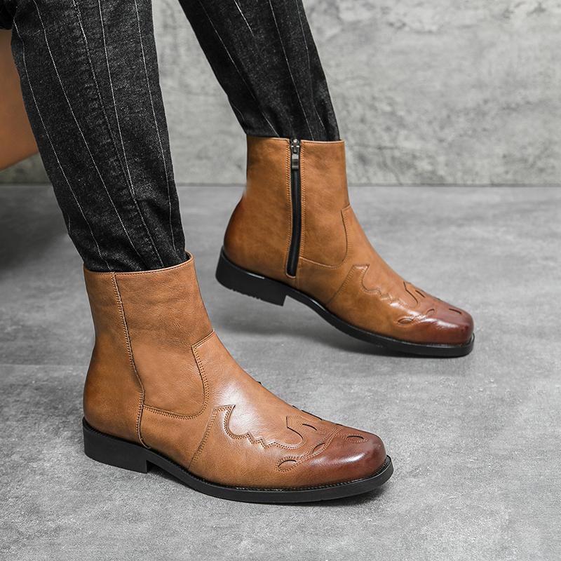 High Quality Casual Leather Boots Men Western Cowboy Leather Shoes Male Fashion Men's High Top British Outdoor Boots Shoes Male