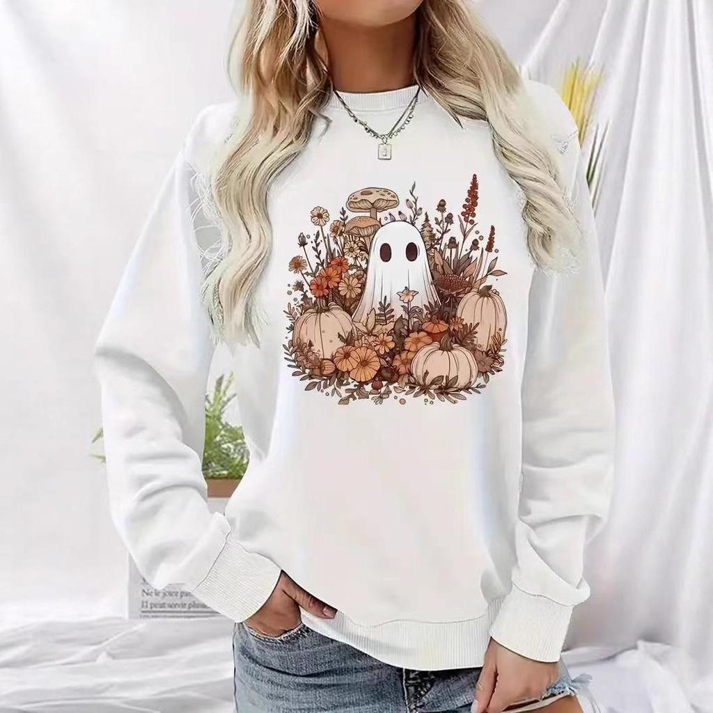 2025 Autumn/Winter Halloween Ghost & Pumpkin Hoodie, Versatile Long Sleeve, Round Neck